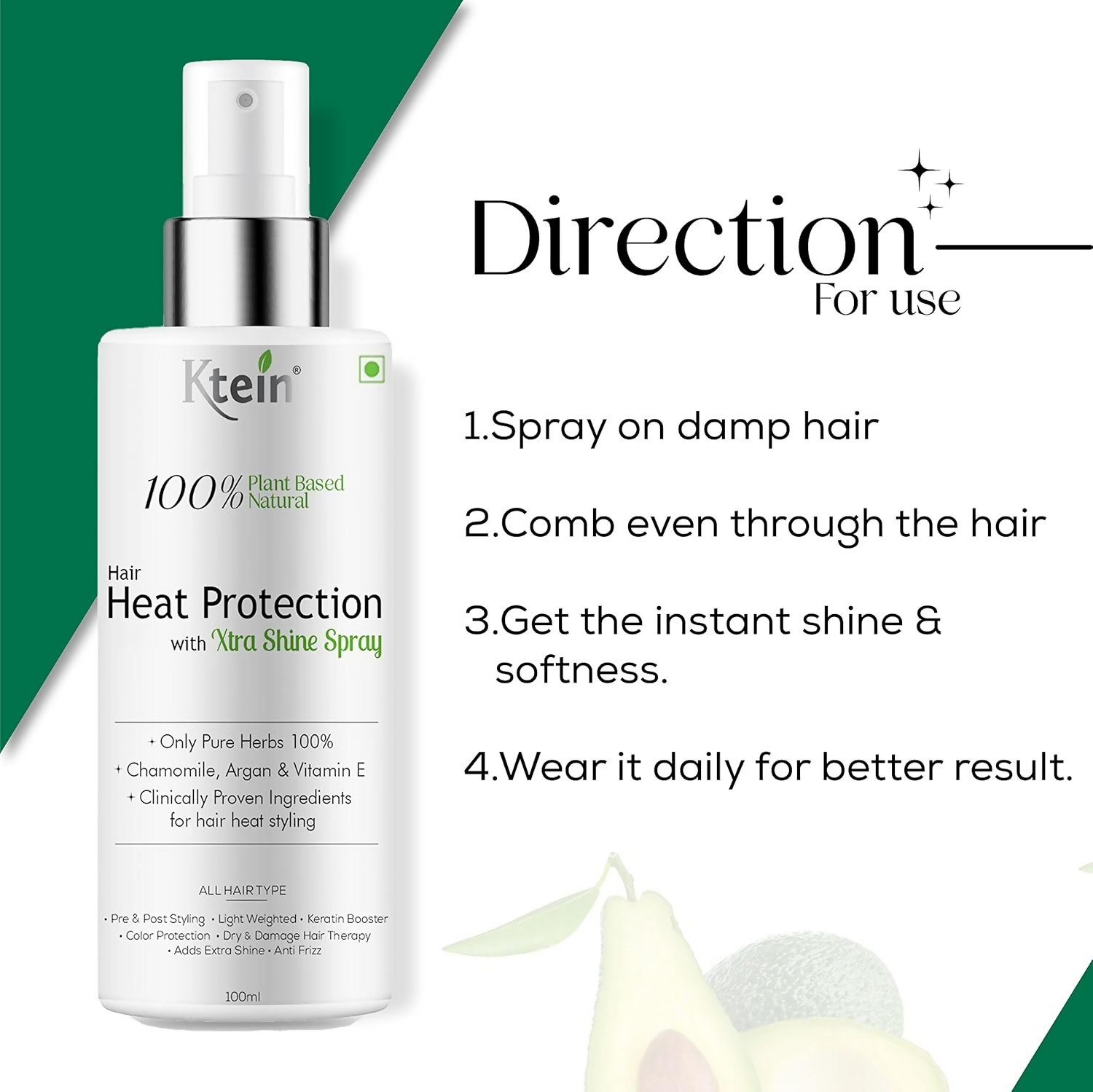 Ktein 100% Plant Based Hair Heat Protection Spray With Extra Shine Chamomile Argan And Vitamin E | Grocsy