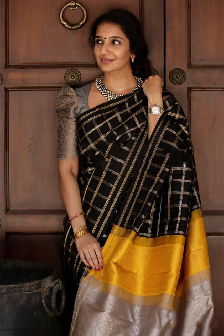 DEIANA'S Beautiful Designer Golden zari Soft Lichi Silk Saree - Black | Grocsy