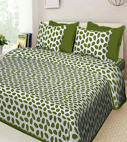 Vamika Printed Cotton Green & White Combination Bedsheet With Pillow Covers (LEOC_ANDA_G) | Grocsy