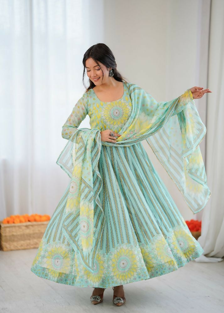 Teeya Creation Sky Soft Organza Digital Printed Party Wear Long Gown | Grocsy