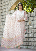 Kaajh Women's White Cotton Mirror Work Kurta Pant Set With Dupatta | Grocsy
