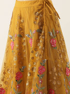House of Panchhi Mustard Net Semi stitched Coding, Sequins & Saroski Stone Work Lehenga Choli | Grocsy