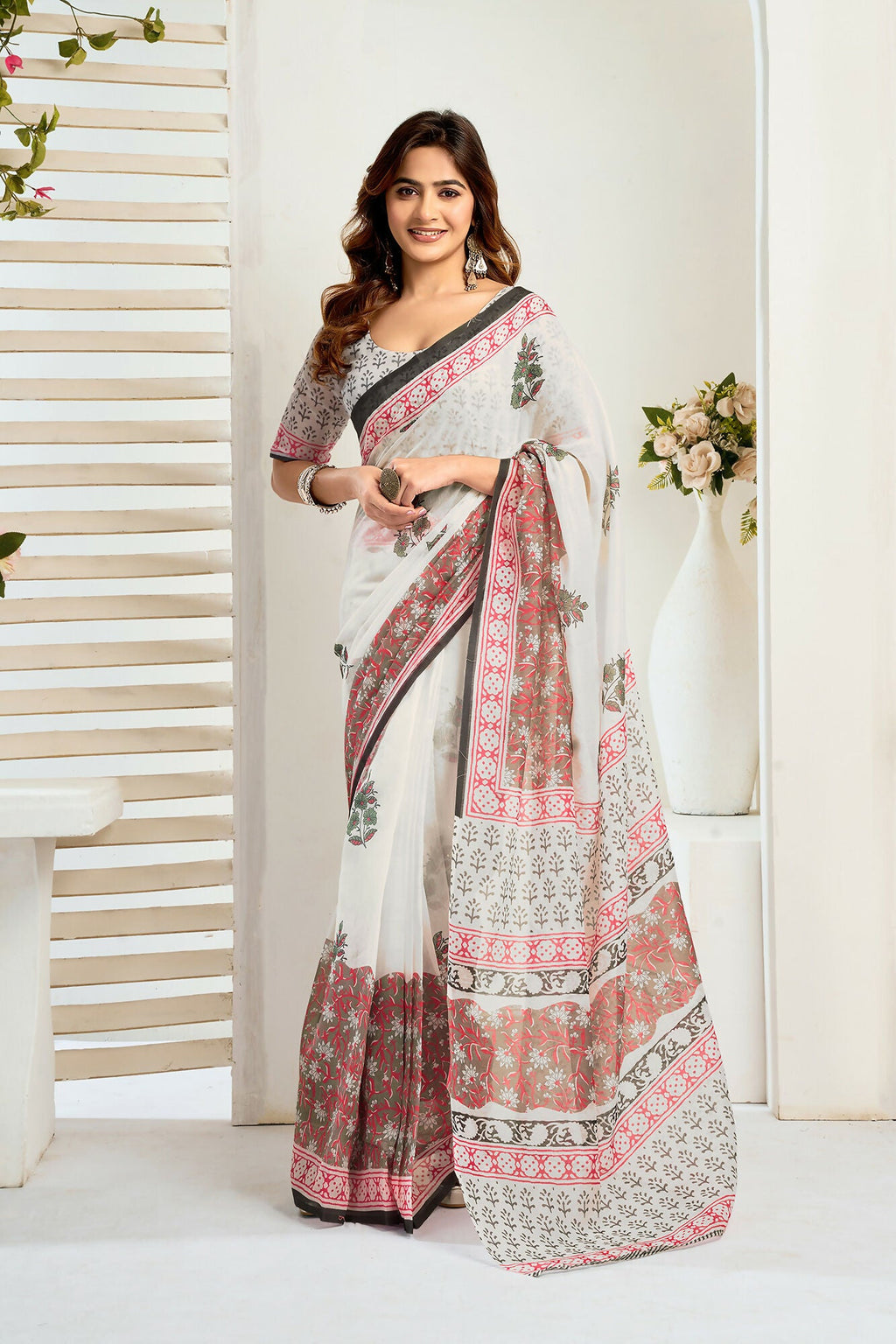 Vastranavya Green Digital Printed Linen Ready To Wear Designer Saree with Unstitched Blouse | Grocsy