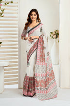 Vastranavya Green Digital Printed Linen Ready To Wear Designer Saree with Unstitched Blouse | Grocsy