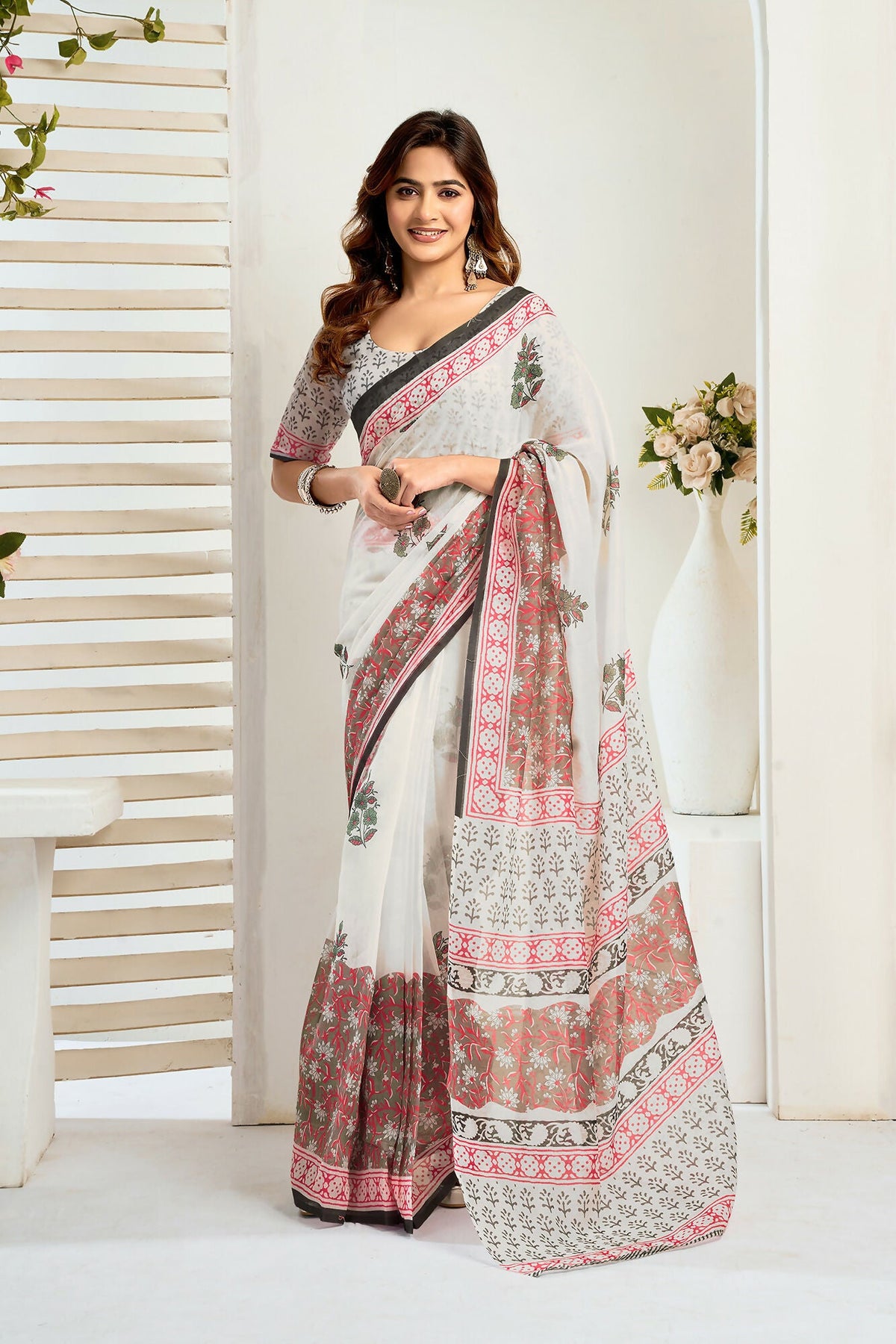 Vastranavya Green Digital Printed Linen Ready To Wear Designer Saree with Unstitched Blouse | Grocsy