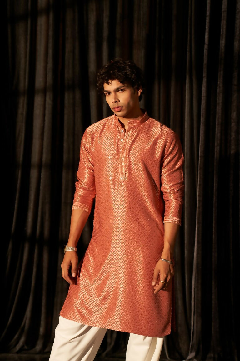 Red viscose Chikankari Embroidery Work Men's Traditional Kurta Set - Mahotsav | Grocsy