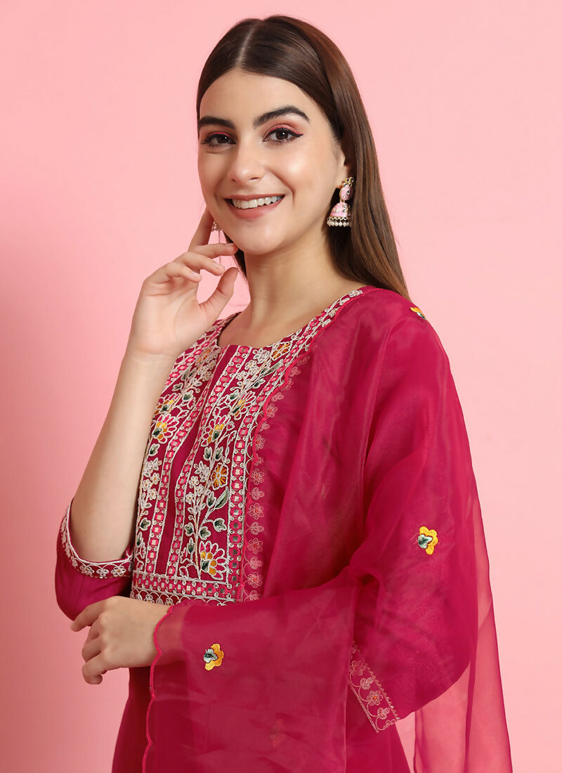 Vellora Rani Pink Embroidered Readymade Suit in Silk Blend for Daily Wear | Grocsy