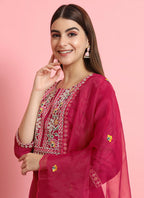 Vellora Rani Pink Embroidered Readymade Suit in Silk Blend for Daily Wear | Grocsy
