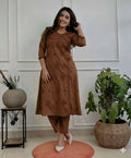 Miravan Womens Brown Floral Printed Angrakha Style Kurta With Palazzo | Grocsy