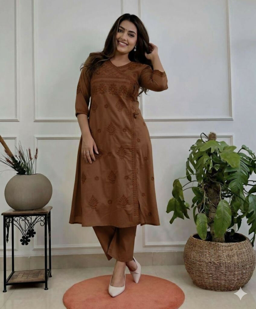 Miravan Womens Brown Floral Printed Angrakha Style Kurta With Palazzo | Grocsy