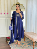 The52 Blue Women's Beautiful Embroidered Vichitra Silk Fabric with Flared Kurta, Pant and Dupatta Set | Grocsy