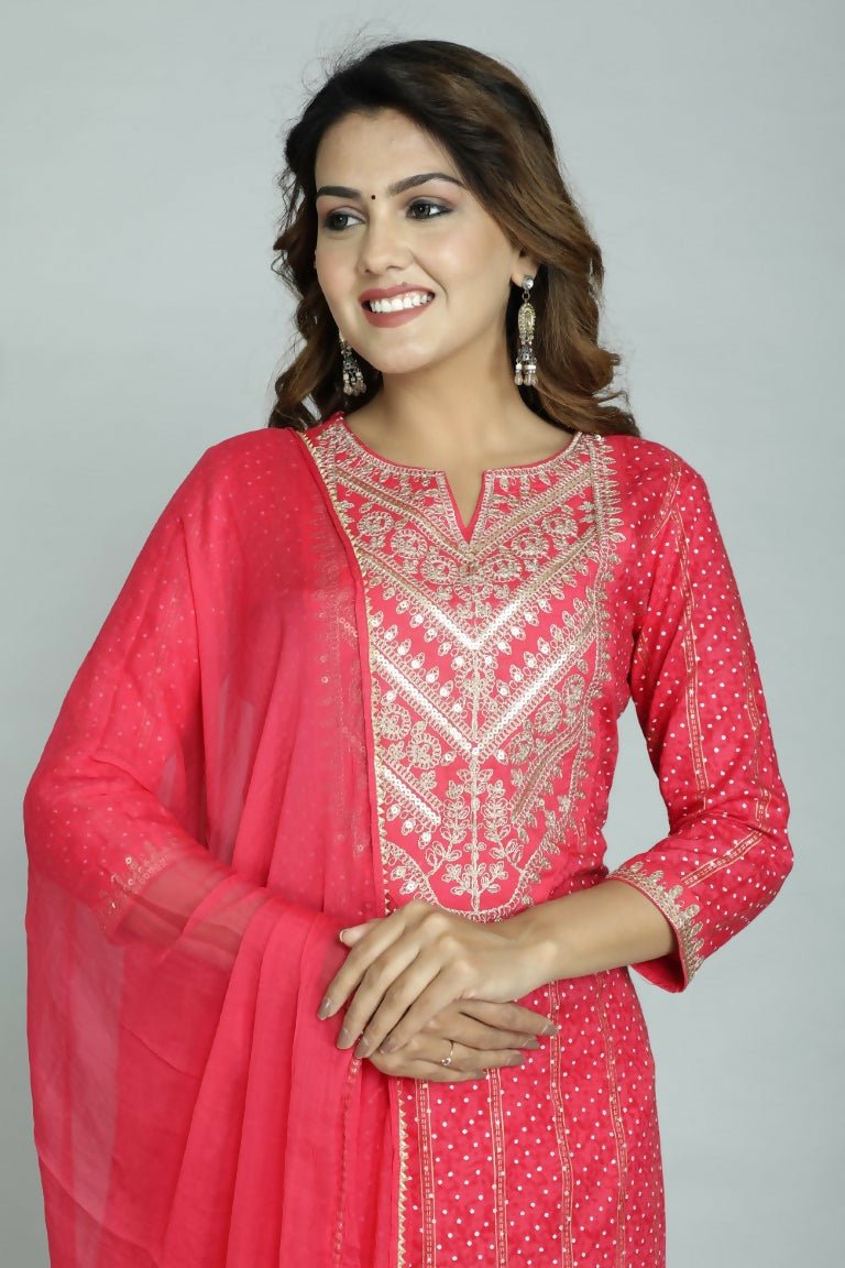 Alvano Beautiful Embroidery Print Straight Kurti with Pant and Dupatta set for Women and Girls Rayon | Grocsy