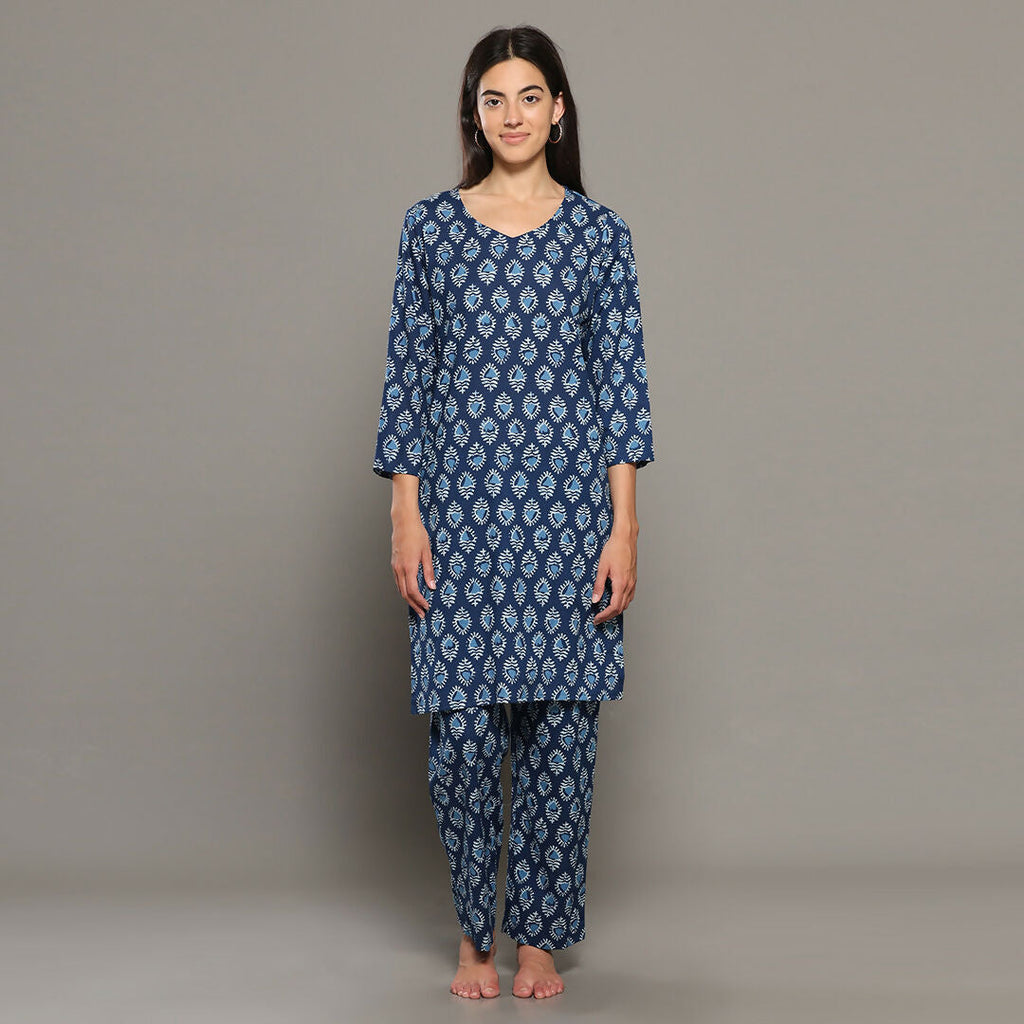 Breathables Blue Women Cotton Printed Loungewear Kurta And Pants Co-Ord Set I Night Wear | Butta Print | Grocsy