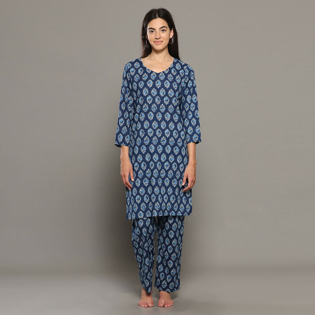 Breathables Blue Women Cotton Printed Loungewear Kurta And Pants Co-Ord Set I Night Wear | Butta Print | Grocsy