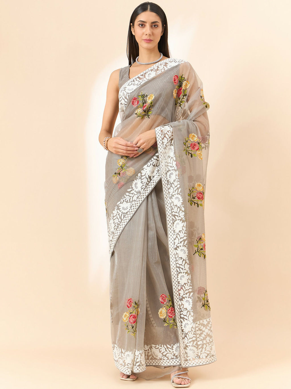 Grey Organza Floral Embroidered Saree with Unstitched Blouse Piece - Roozal | Grocsy