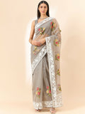 Grey Organza Floral Embroidered Saree with Unstitched Blouse Piece - Roozal | Grocsy