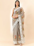 Grey Organza Floral Embroidered Saree with Unstitched Blouse Piece - Roozal | Grocsy