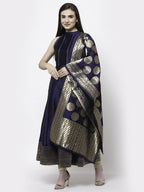 Myshka Women Blue Silk Blend Sleeveless Round Neck Gown With Dupatta | Grocsy