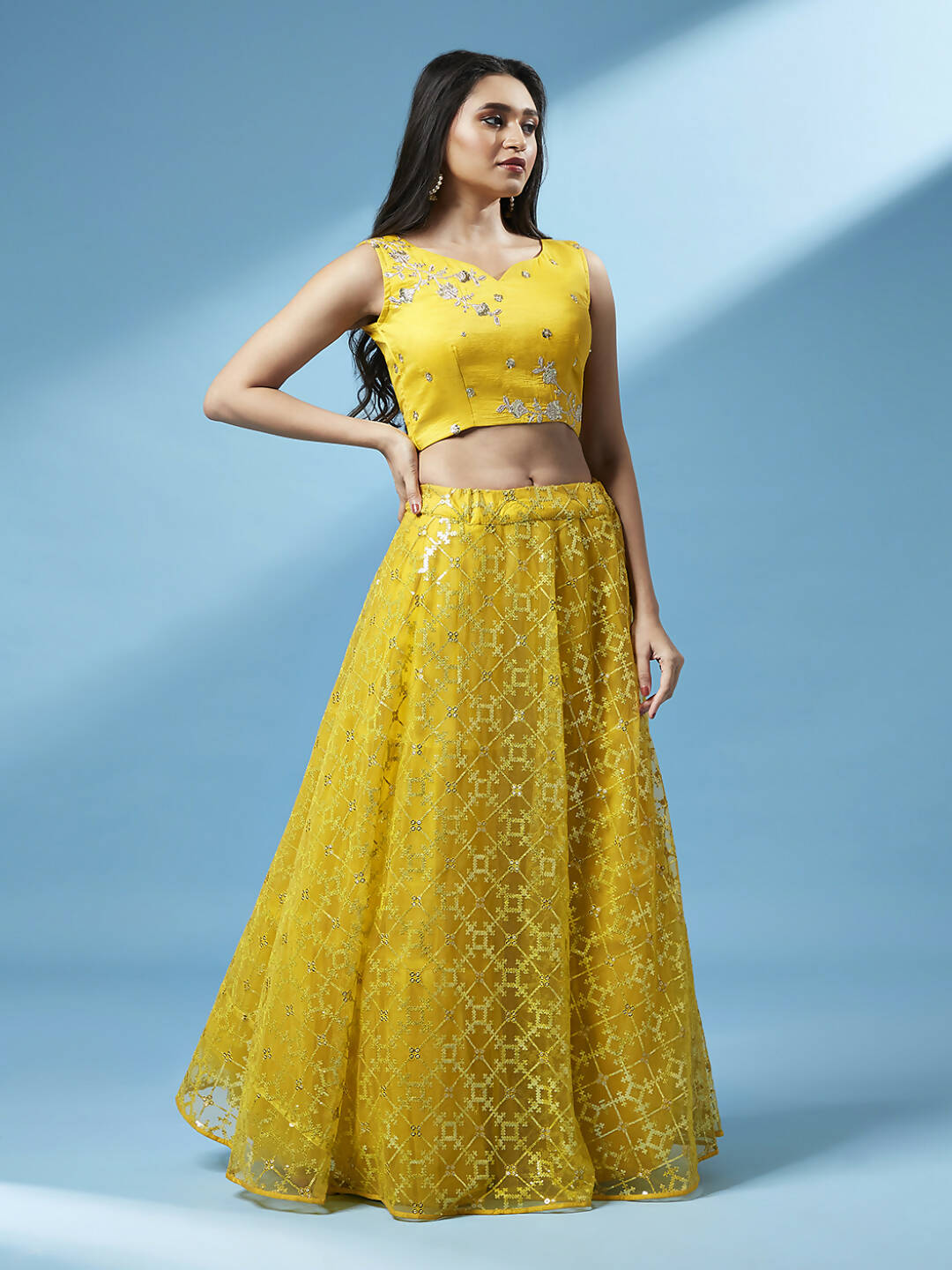 House of Panchhi Mustard Net Sequinse Work Lehenga & Blouse, Dupatta | Grocsy