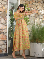 Kaajh Women's Mustard Printed Cotton Handblock Dress | Grocsy