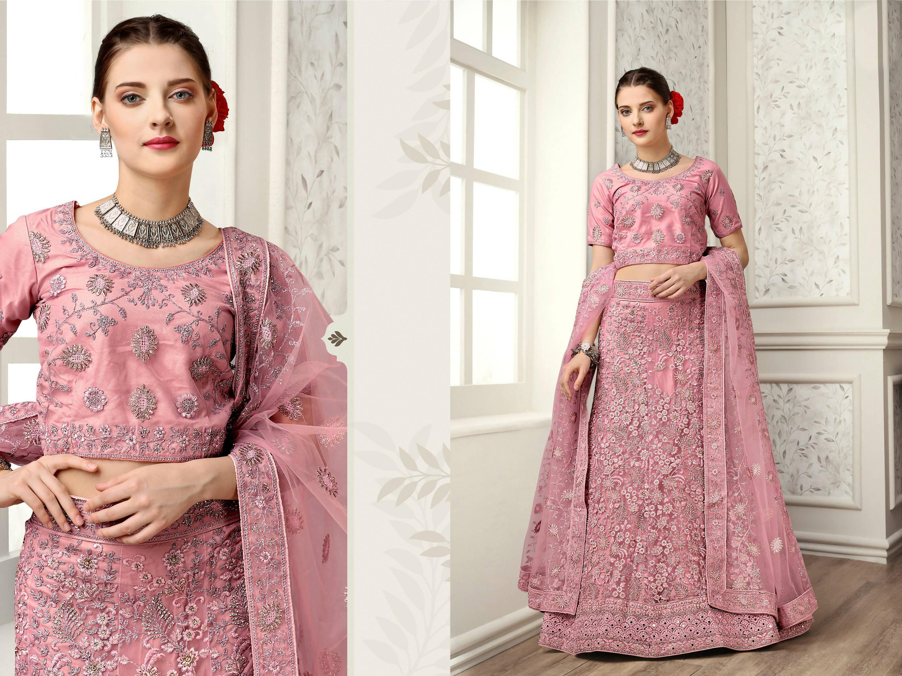 Peach Net Fancy Zari Embroidered work Lehenga Choli with Dupatta - Heer | Grocsy