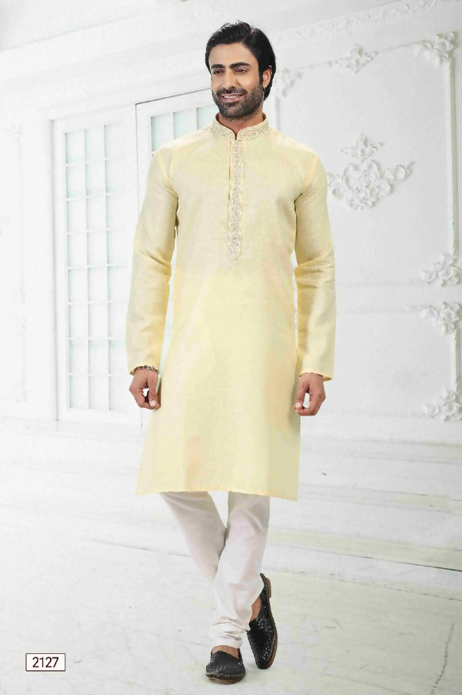 Raivat Ethnic Linen Cotton Thread Work Kurta Pajama In Yellow Colour | Grocsy