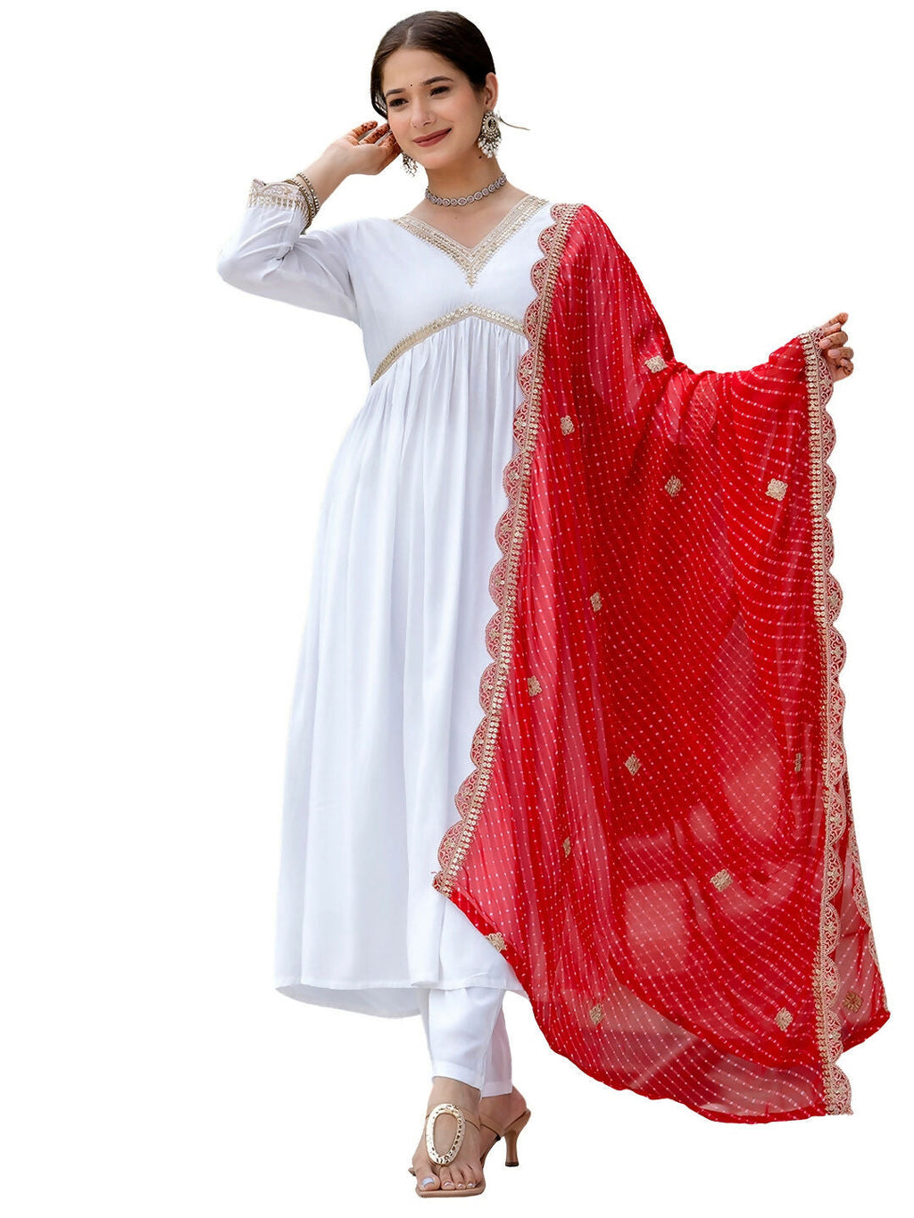 The52 White Women's Gorgeous Embroidered Chanderi Fabric Straight Kurta, Pant and Dupatta Set | Grocsy