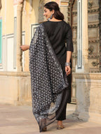 Juniper Women's Black Silk Solid Embroidered Kurta Set | Grocsy
