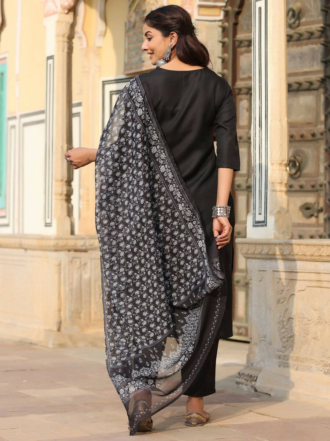 Juniper Women's Black Silk Solid Embroidered Kurta Set | Grocsy