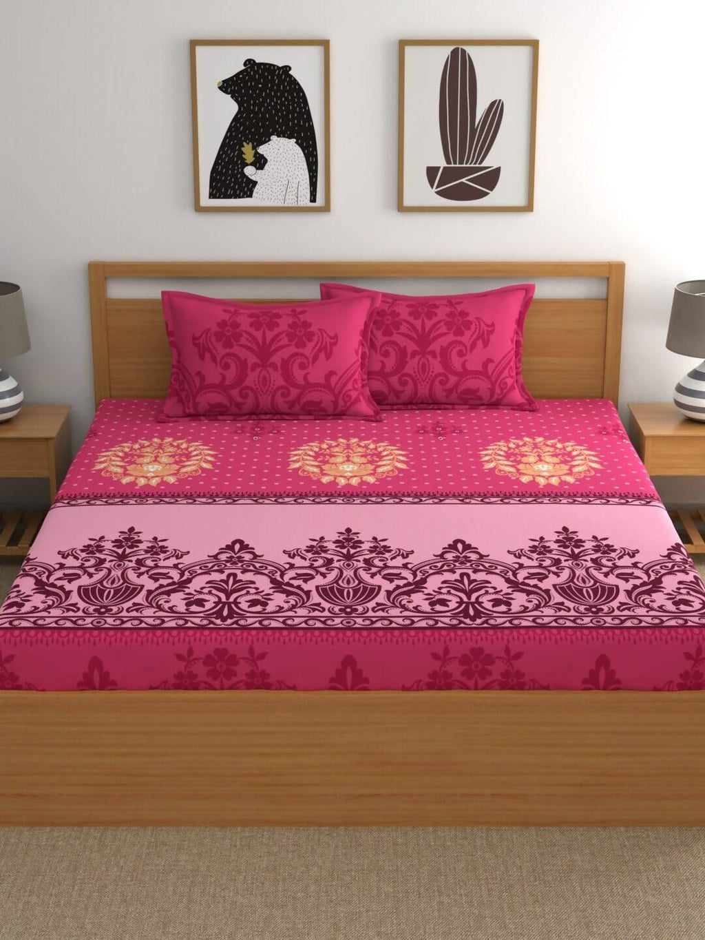 Dreamscape Pink & Beige Ethnic Motifs 144 TC Bedsheet with Pillow Covers | Grocsy