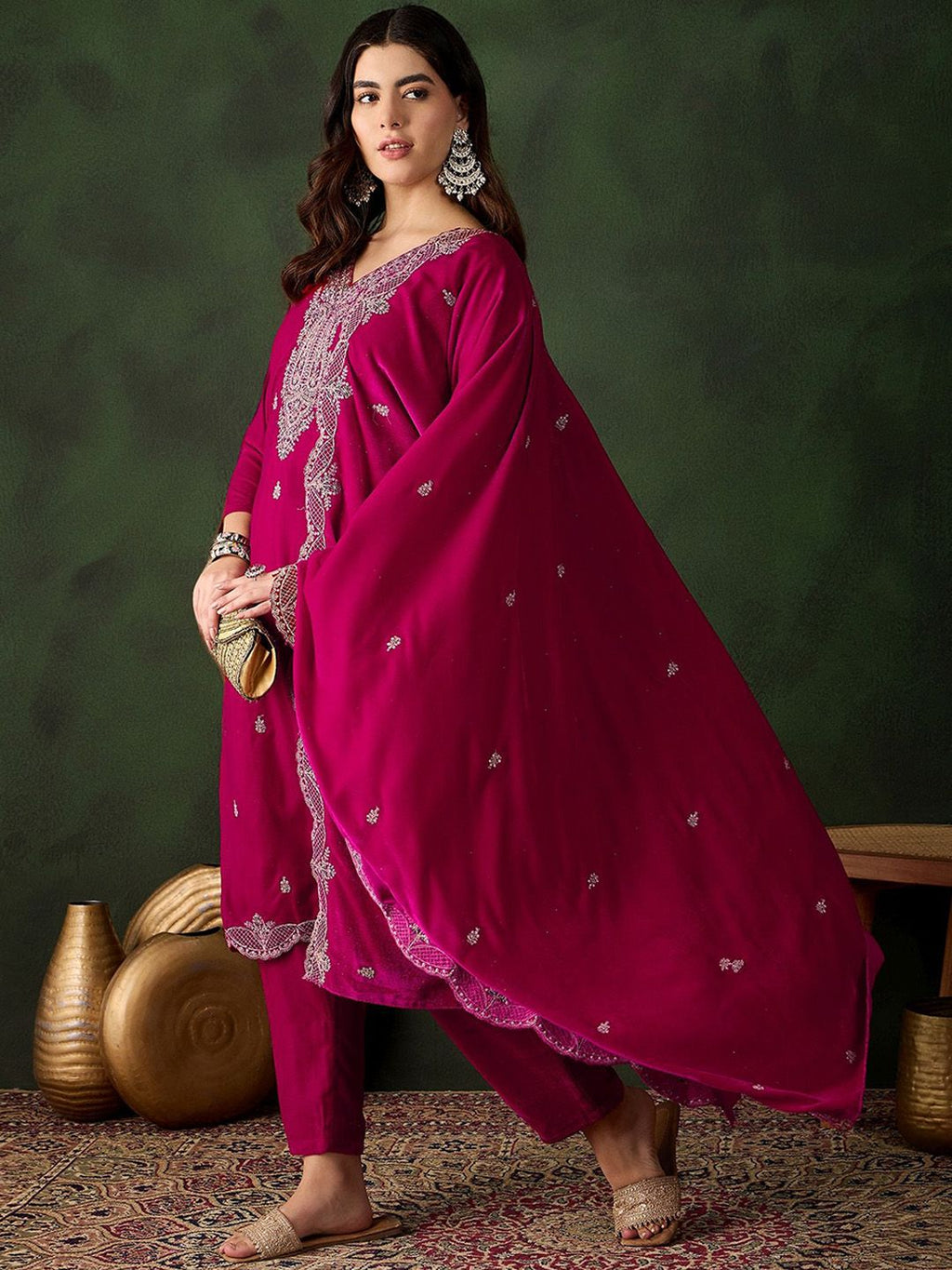 Sangria Floral Embroidered Straight Kurta & Trouser With Dupatta | Grocsy