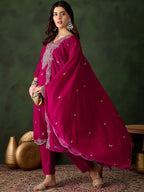 Sangria Floral Embroidered Straight Kurta & Trouser With Dupatta | Grocsy