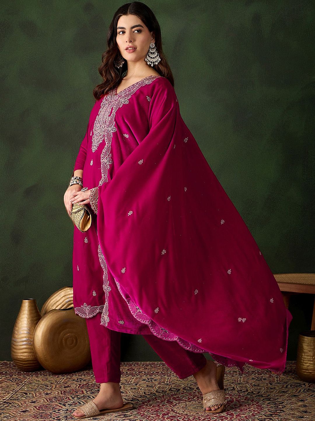 Sangria Floral Embroidered Straight Kurta & Trouser With Dupatta | Grocsy