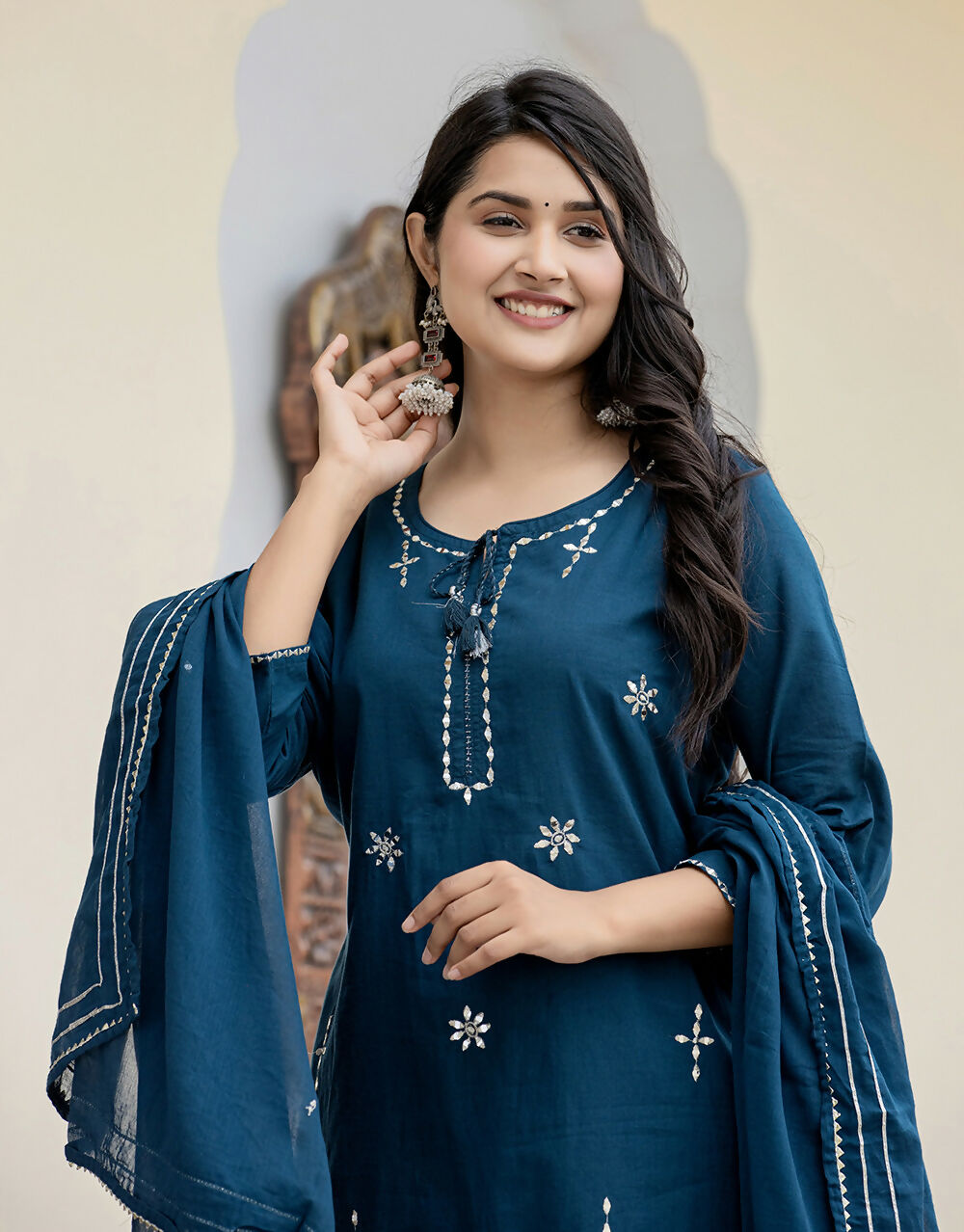 Kaajh Women's Navy Blue Mirror Embellished Cotton Suit Set | Grocsy