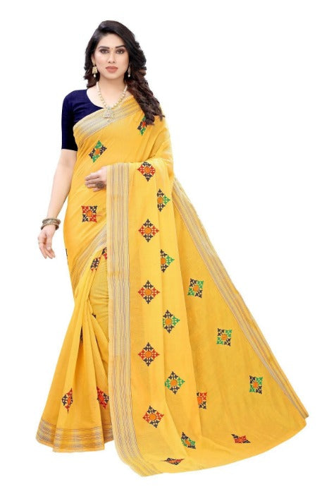 Vamika Chanderi Cotton Box Designed Embroidery Yellow Saree (Dixa Yellow) | Grocsy