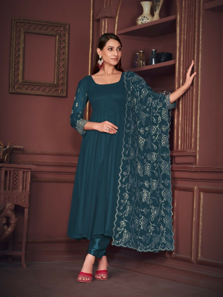 Jyoti Fashion Women's Rama Georgette Embroidered Anarkali Kurta Pant Set With Dupatta | Grocsy