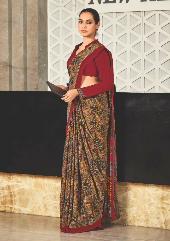 Joban Fashion Mustard Crepe Silk with Traditional Print Saree | Grocsy