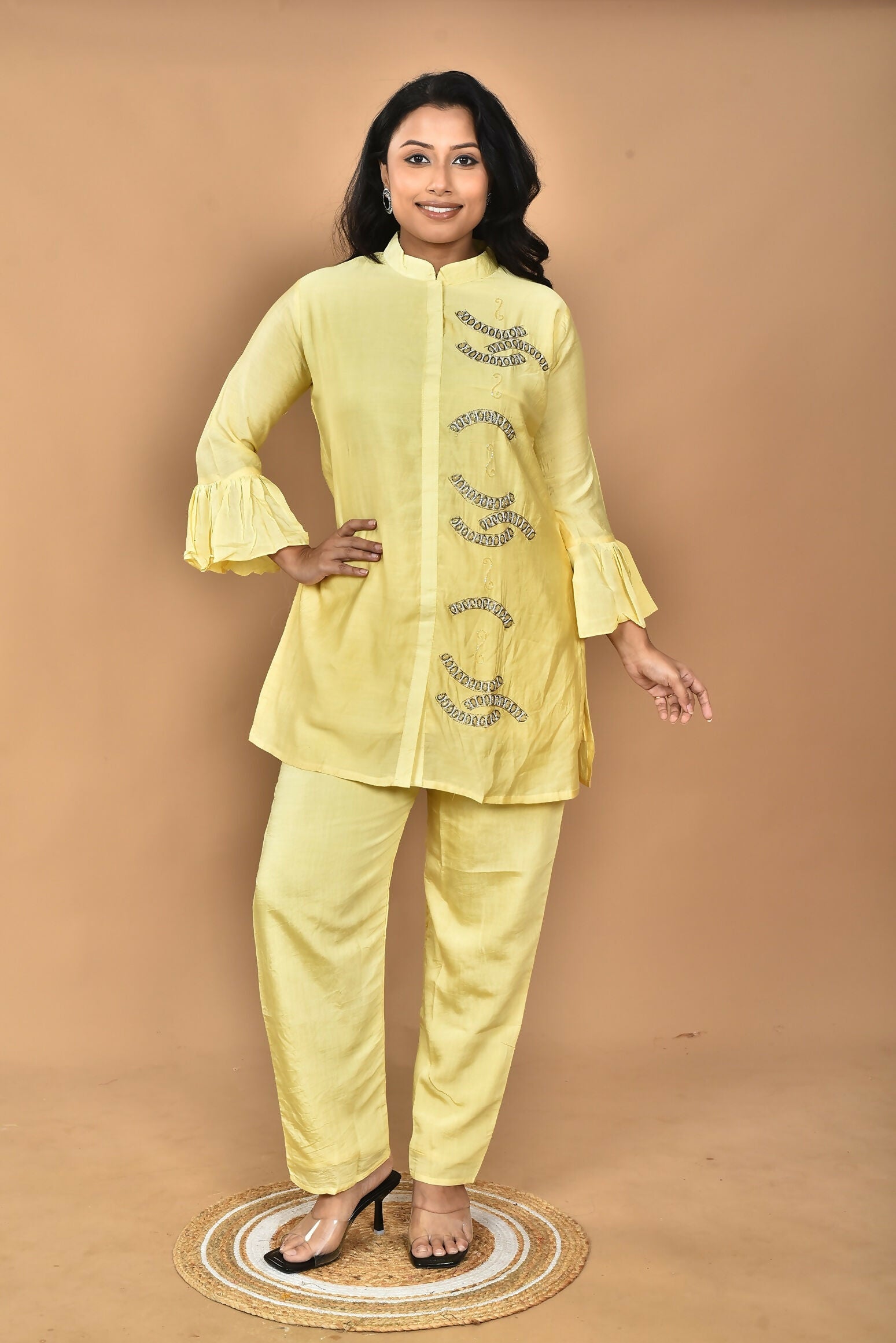 Morchari Women Hand Embroidery Co-Ords-Yellow | Grocsy
