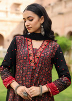 Juniper Women's The Mahautsavam Black Ethnic Motif Printed Muslin Kurta Pant And Dupatta With Thread & Mirror Work | Grocsy