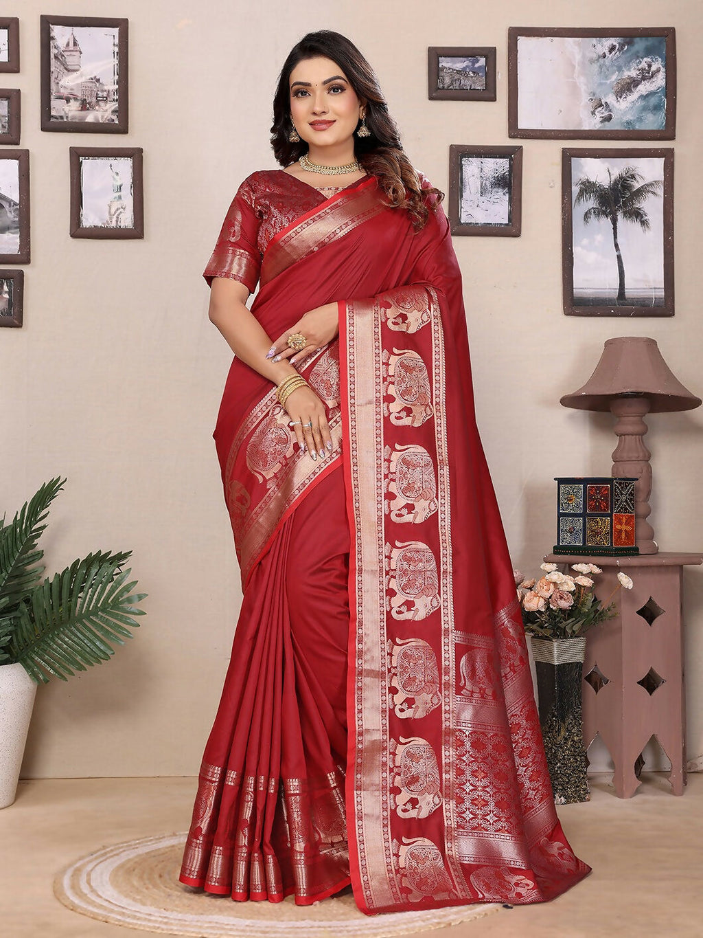 Joban Fashion Red Solid Banarasi Silk Sarees | Grocsy