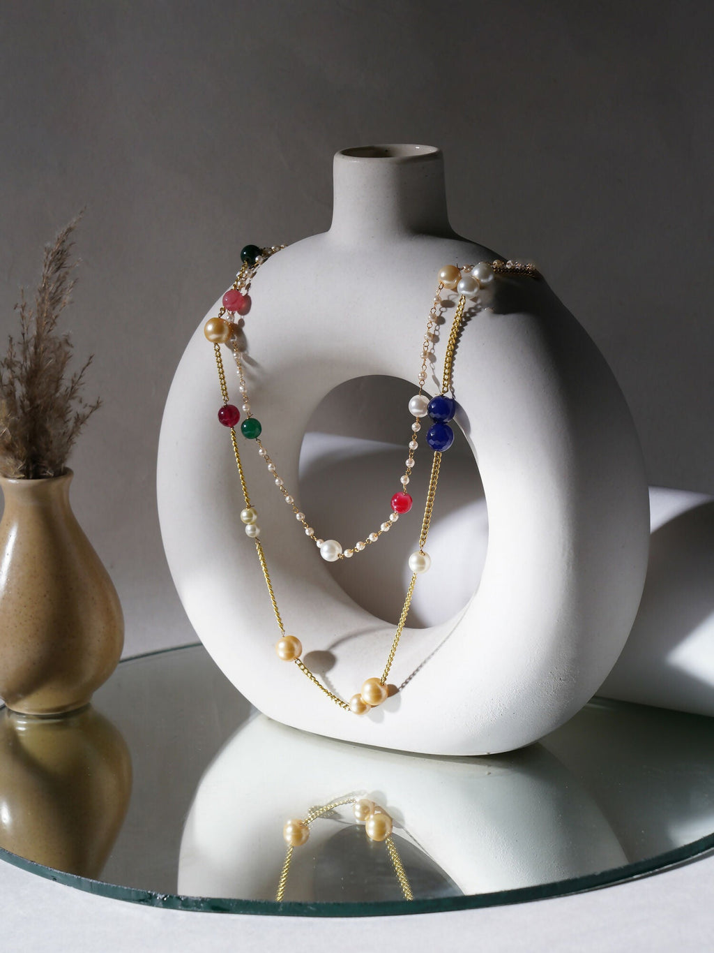 Layered Pearl and Gold Neckpiece with Multi Stones (Multi Color) - Ruby Raang | Grocsy