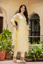 Kaajh Women's Light Yellow Modal Silk Kurta Pant Set With Dupatta | Grocsy