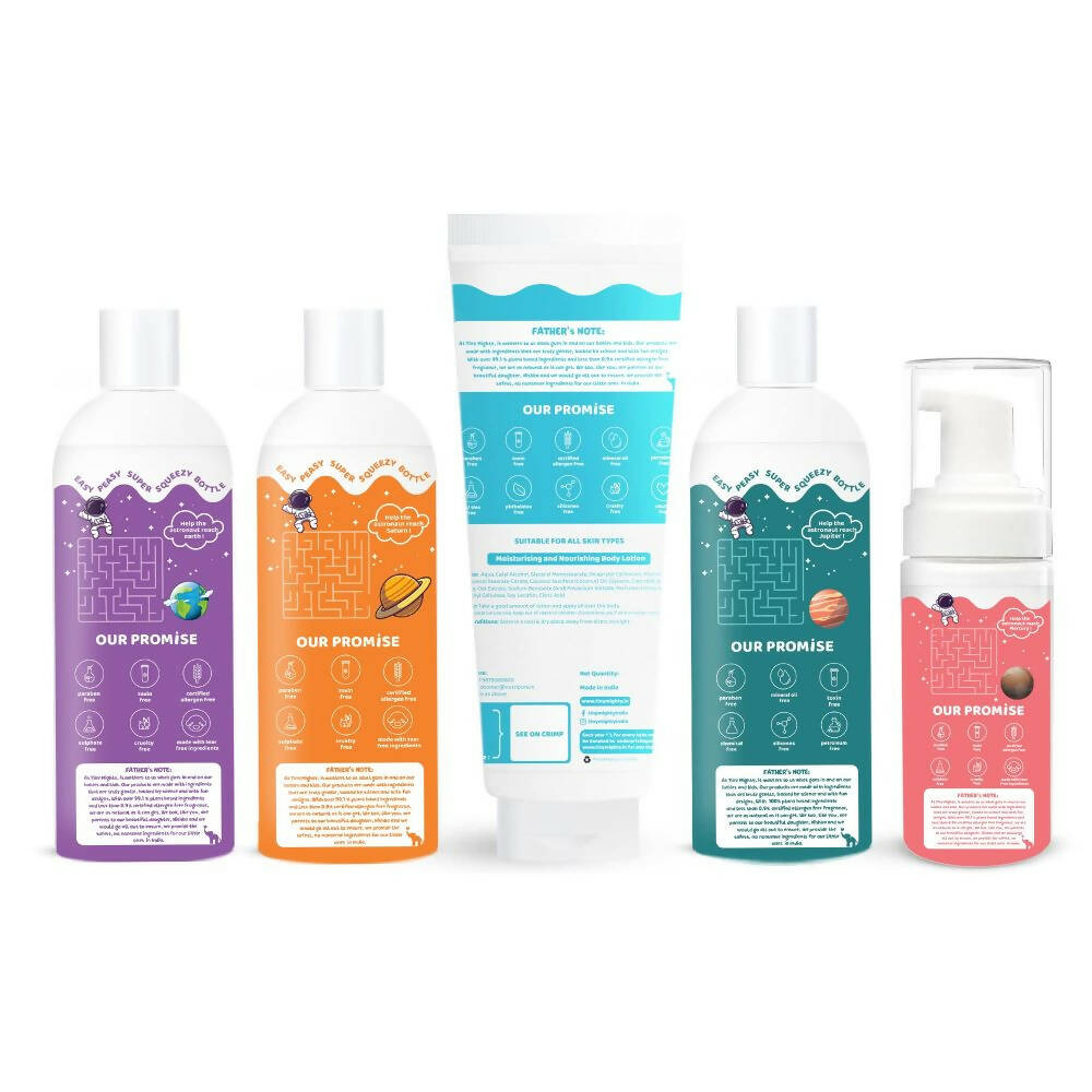 Tiny Mighty Kids Body Wash, Body Foam Wash, Body Lotion, Shampoo & Hair Oil Combo | Grocsy
