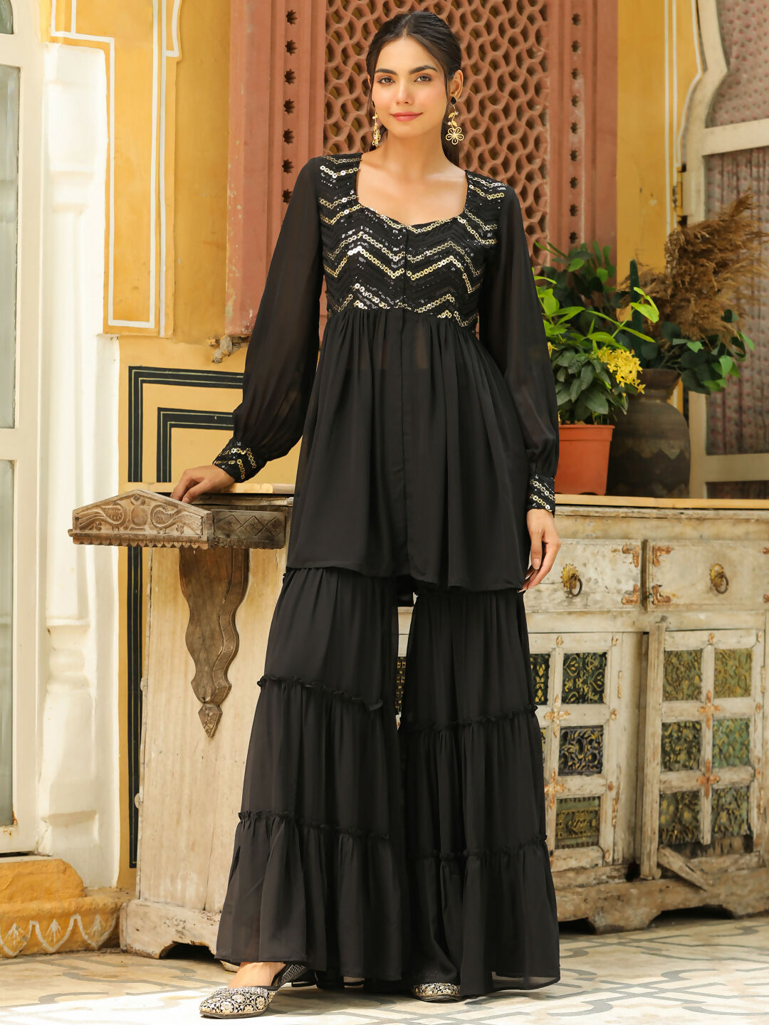 Janasya Black Georgette Sequined Tunic & Bottom | Grocsy