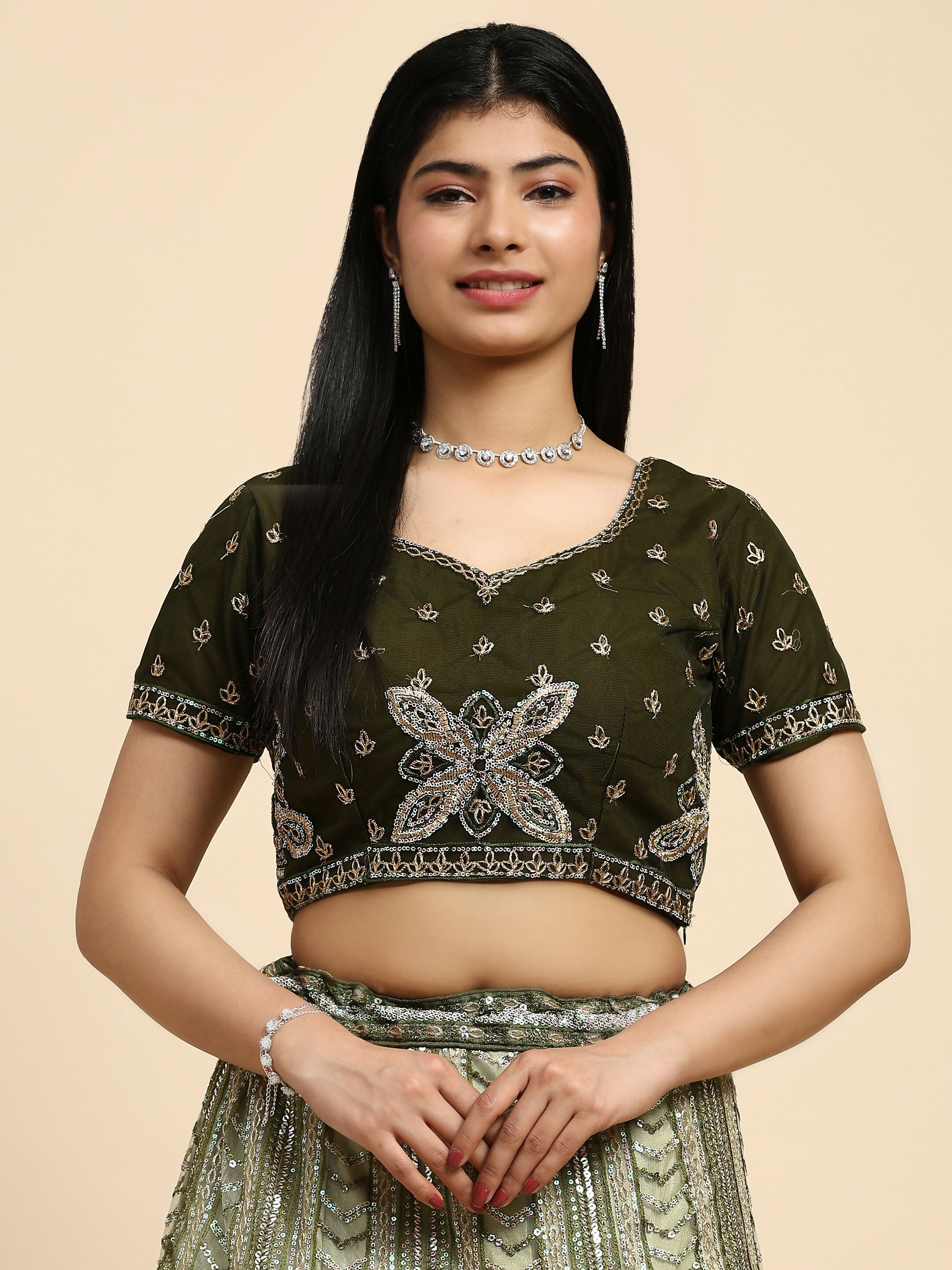 Green Fancy Net Sequence Embroidered Lehenga Choli with Dupatta - Dhara | Grocsy