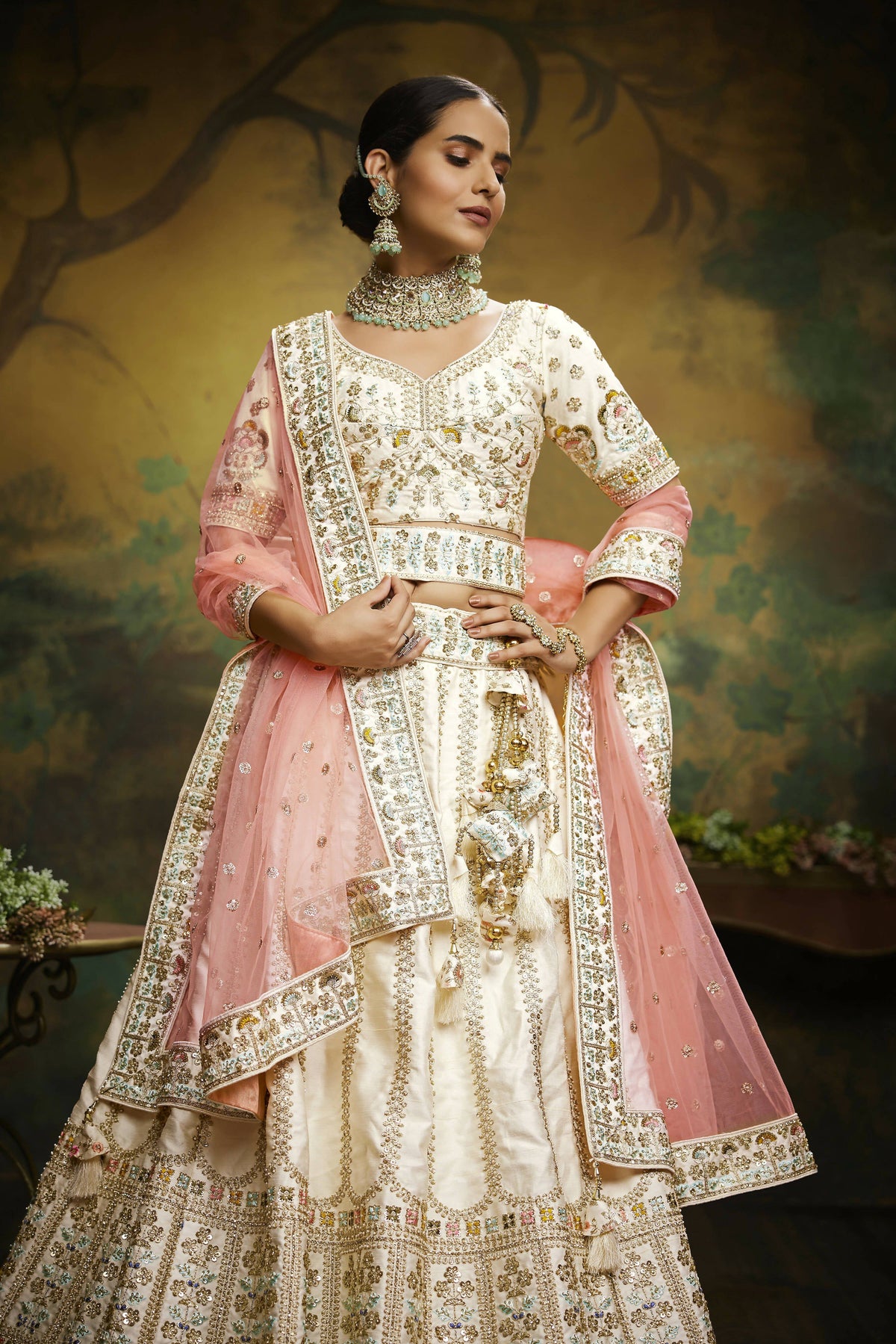 House of Panchhi Off White Pure Silk Moti & Zarkan heavy embroidery Lehenga choli & Dupatta | Grocsy