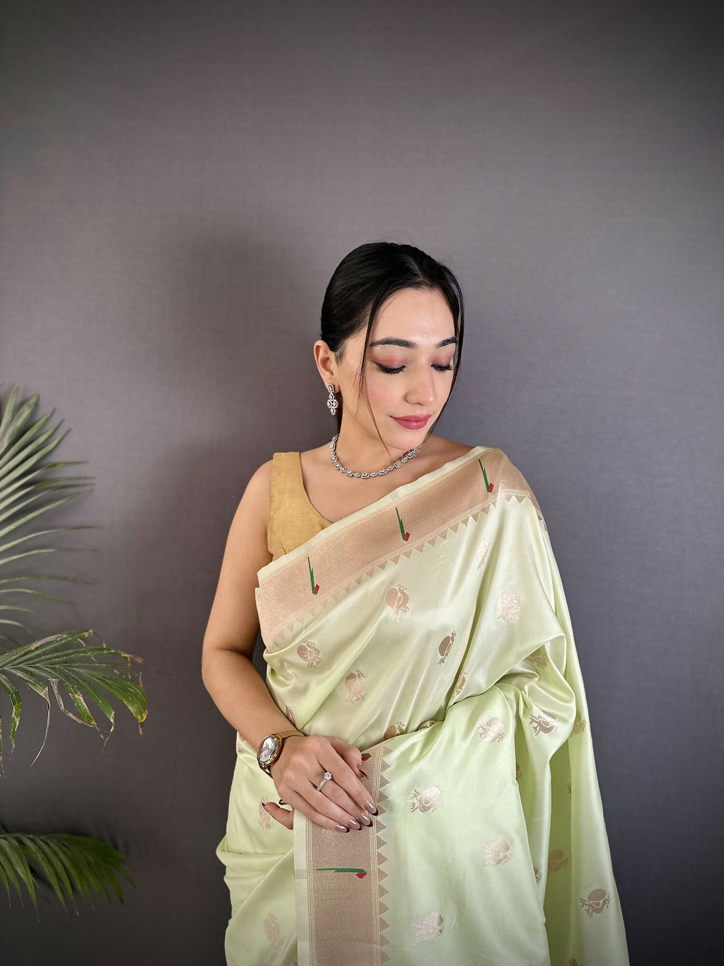 Joban Fashion Pista Green Peacock & Floral Motifs Soft Silk Kanchipuram Saree | Grocsy