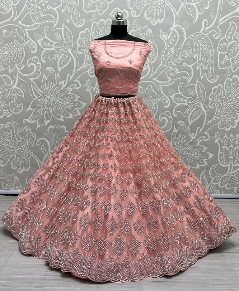 Jyoti Fashion Women's Pink Bridal Net Fancy Dori & Multi Thread Embroidered with Zircon Diamond Work Wedding Lehenga Choli | Grocsy
