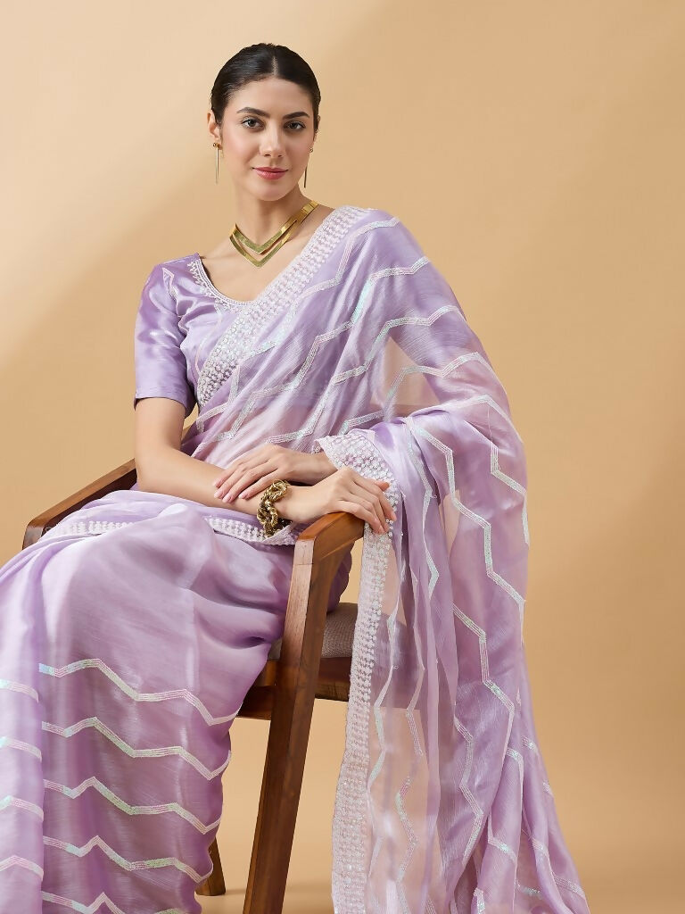 Purple Tissue Slub Embroidered Saree with Unstitched Blouse - Vairagi | Grocsy