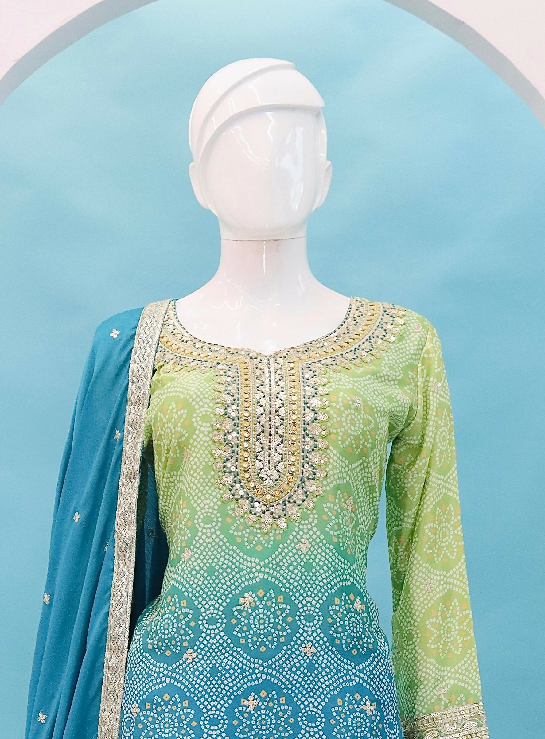 Anaita Blue Digital print with Embroidered Silk Stitched Plazo Suit | Grocsy